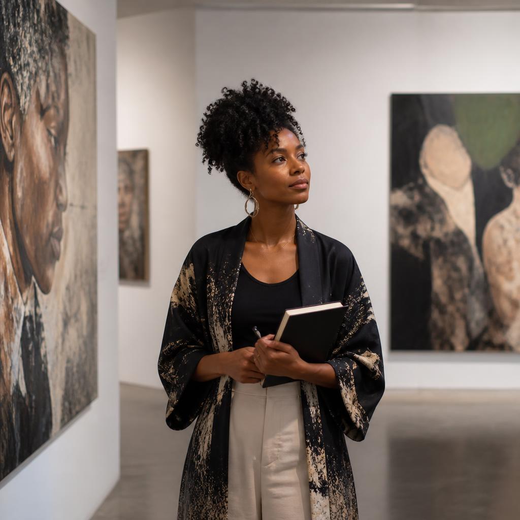 An artist viewing paintings in a contemporary art gallery