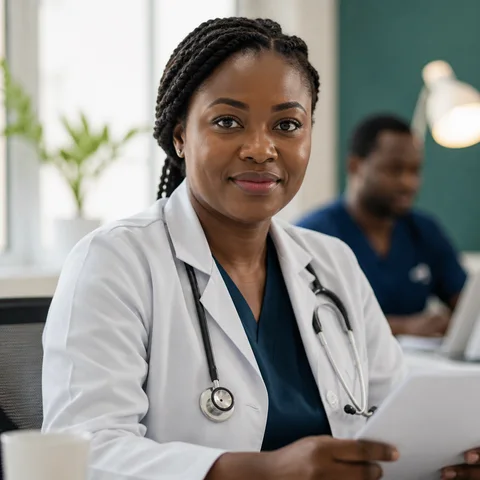 A physician reviewing research notes in a modern clinic